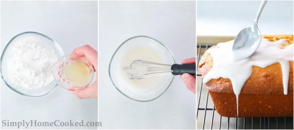 3 image collage of how to make lemon icing for pound cake