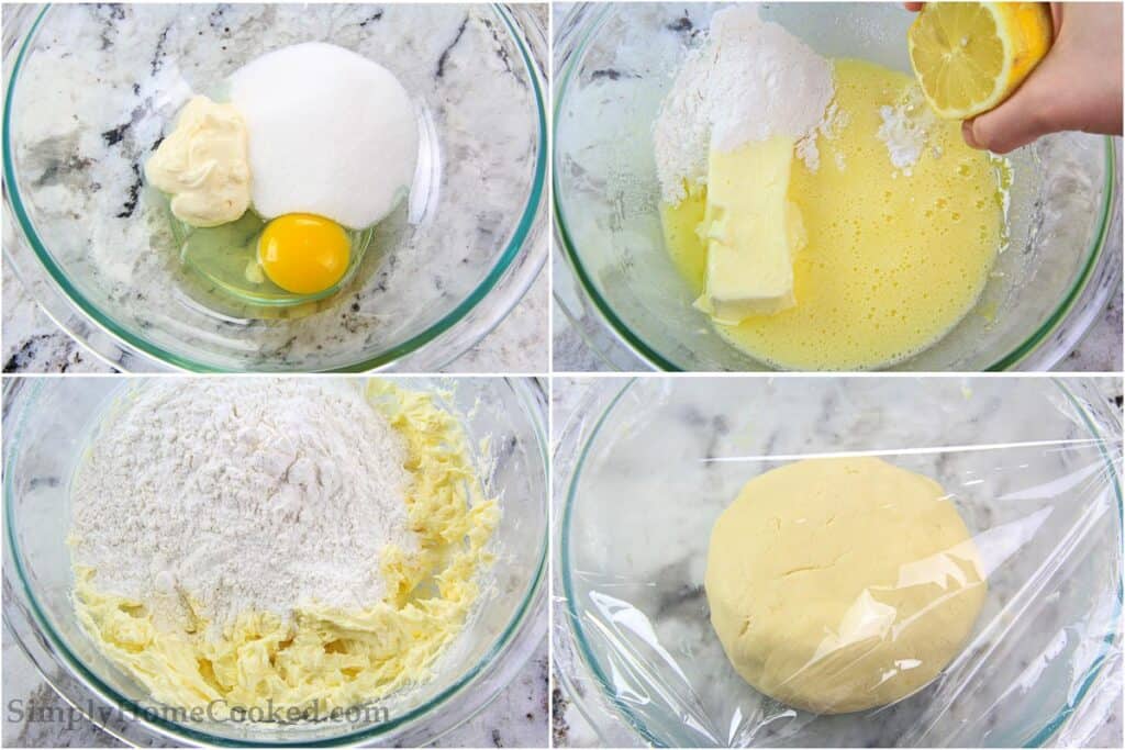 Steps to make Mini Fruit Tarts, including mixing the dough ingredients and them letting the dough chill.