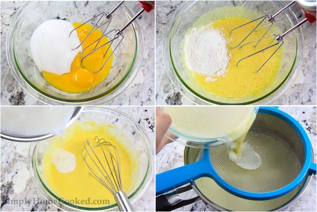 Steps to make Mini Fruit Tarts, including mixing the custard ingredients and then straining them to get rid of clumps.