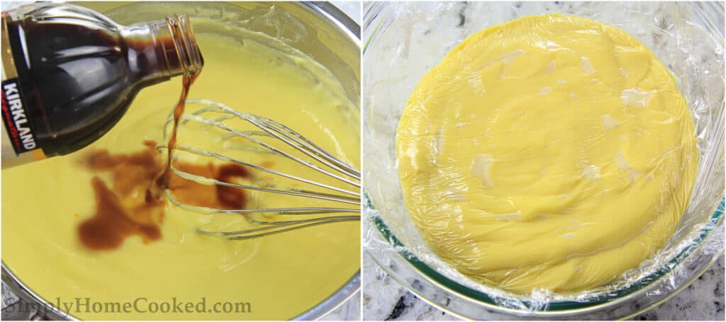 Steps to make Mini Fruit Tarts, including stirring and adding vanilla as the custard heats and thickens, then storing it covered with plastic wrap.
