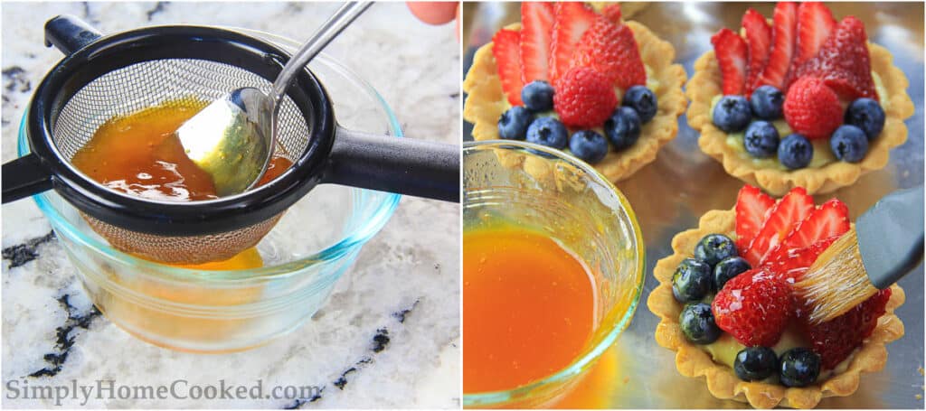 Steps to make Mini Fruit Tarts, including making the apricot glaze, straining it, then brushing it onto the fruit.