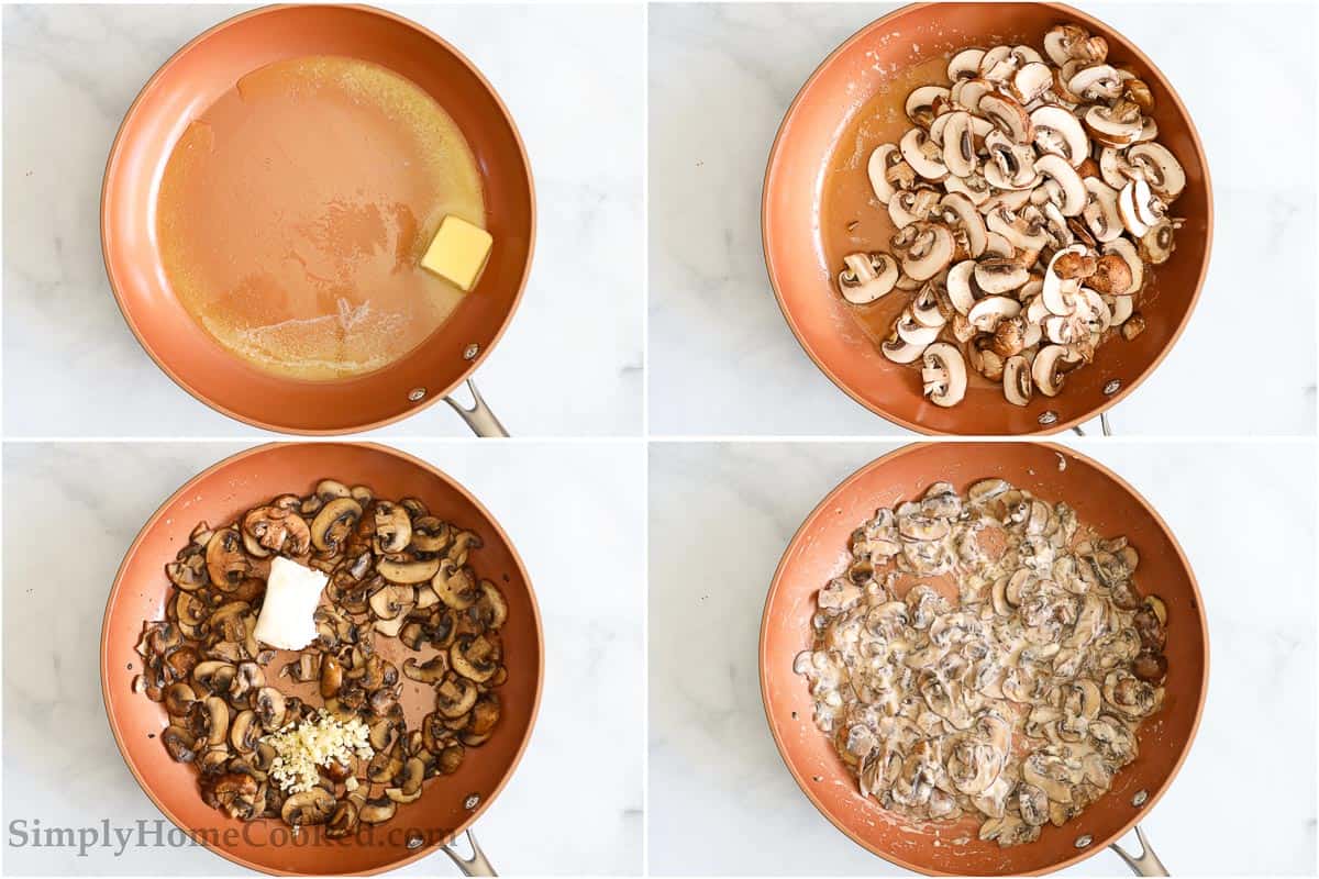 Steps to make Mushroom Ravioli, including sauteing the mushrooms in butter and garlic.