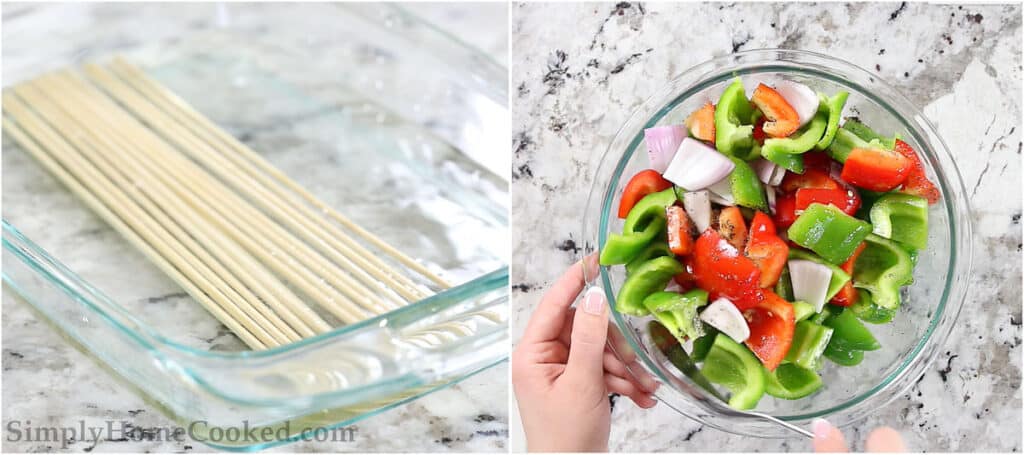  Étapes pour faire du Shashlik (brochettes de porc), y compris tremper les brochettes puis assaisonner les légumes.