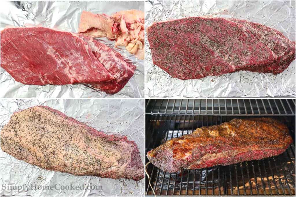 Steps to make Smoked Beef Brisket, including trimming, seasoning, resting, and smoking it.