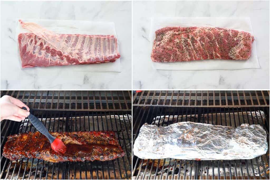 Steps to make Smoked Ribs, including removing the membrane, seasoning and coating them with barbecue sauce, and then wrapping them in foil before cooking them in the smoker.