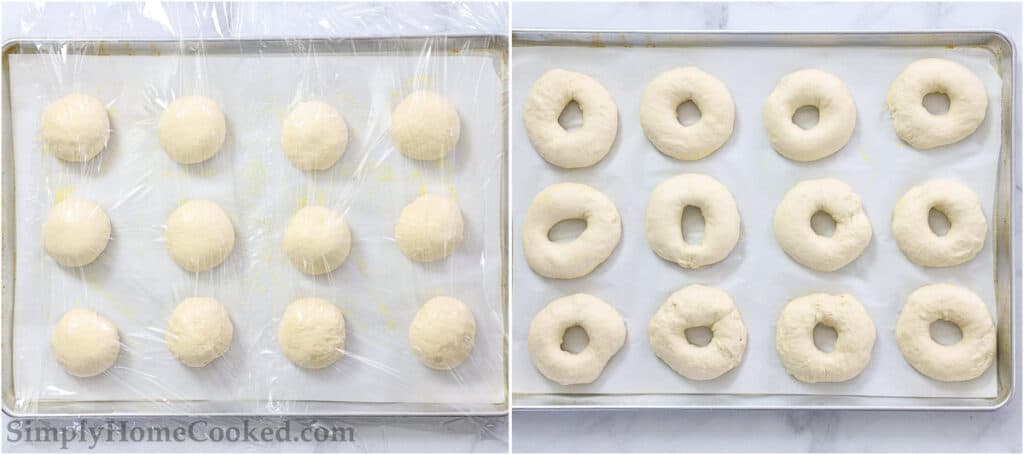 Steps to make Sourdough Bagels, including letting the balls of bagel dough rise, then shaping them into rings and placing them on a baking sheet.