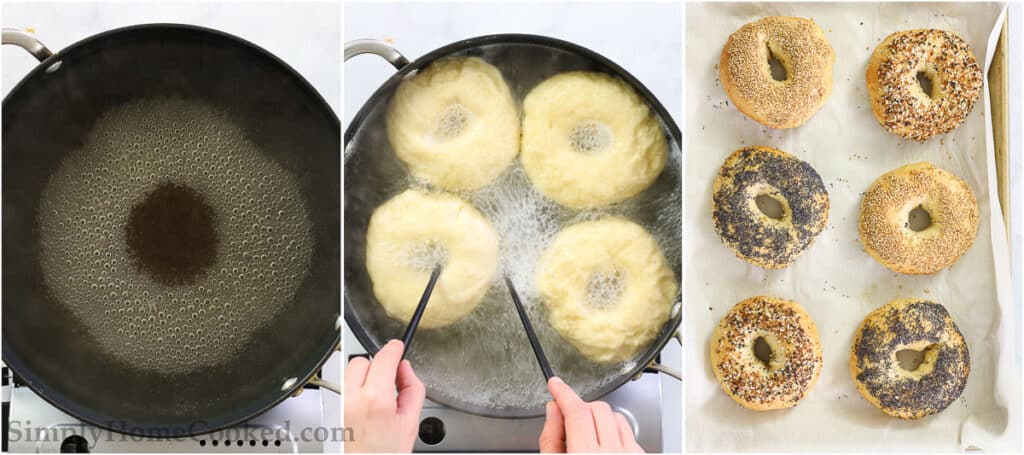 Steps to make Sourdough Bagels, including boiling water with baking soda and honey and boiling the bagels, then dipping them in toppings before baking them to golden brown.