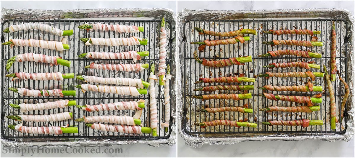 Steps for making Bacon Wrapped Asparagus, including arranging them on a wire rack and then cooking them in the oven.