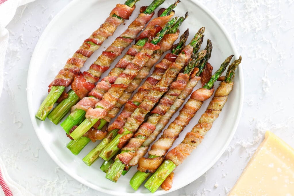 Overhead image of Bacon Wrapped Asparagus on a plate