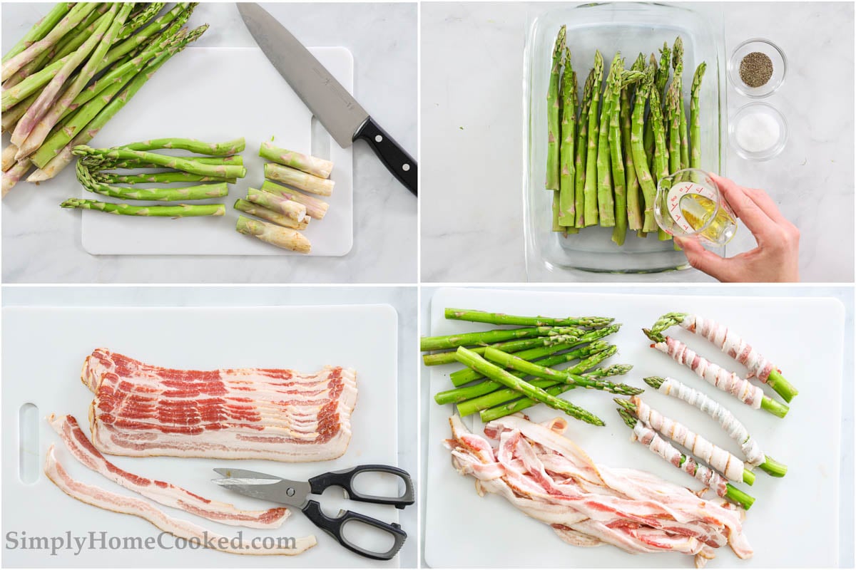 Steps for making Bacon Wrapped Asparagus, including trimming the asparagus, seasoning them, cutting the bacon, and then wrapping them.