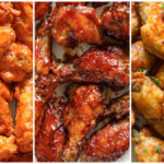 3 image collage of air fryer chicken wings. Buffalo. barbecue, and lemon pepper flavor