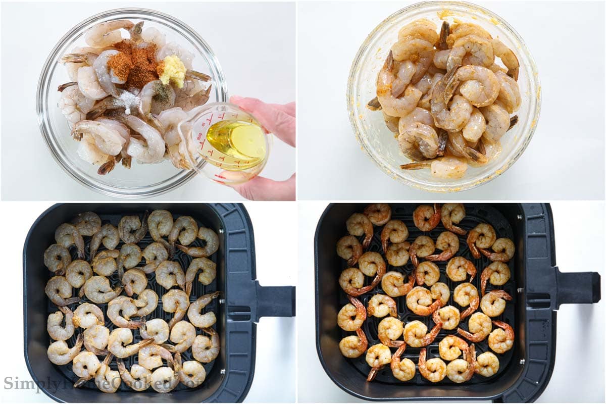 Steps to make Air Fryer Shrimp, including marinating them and then cooking them in the air fryer basket.