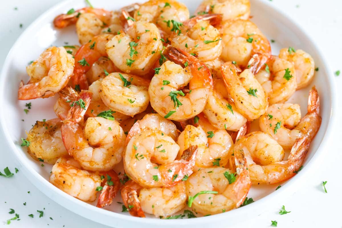 Horizontal image of a plate of Air Fryer Shrimp