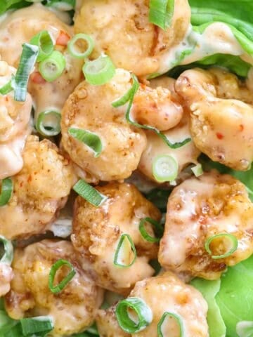 Vertical of Bang Bang Shrimp on a bed of butter lettuce with green onion garnishing the top