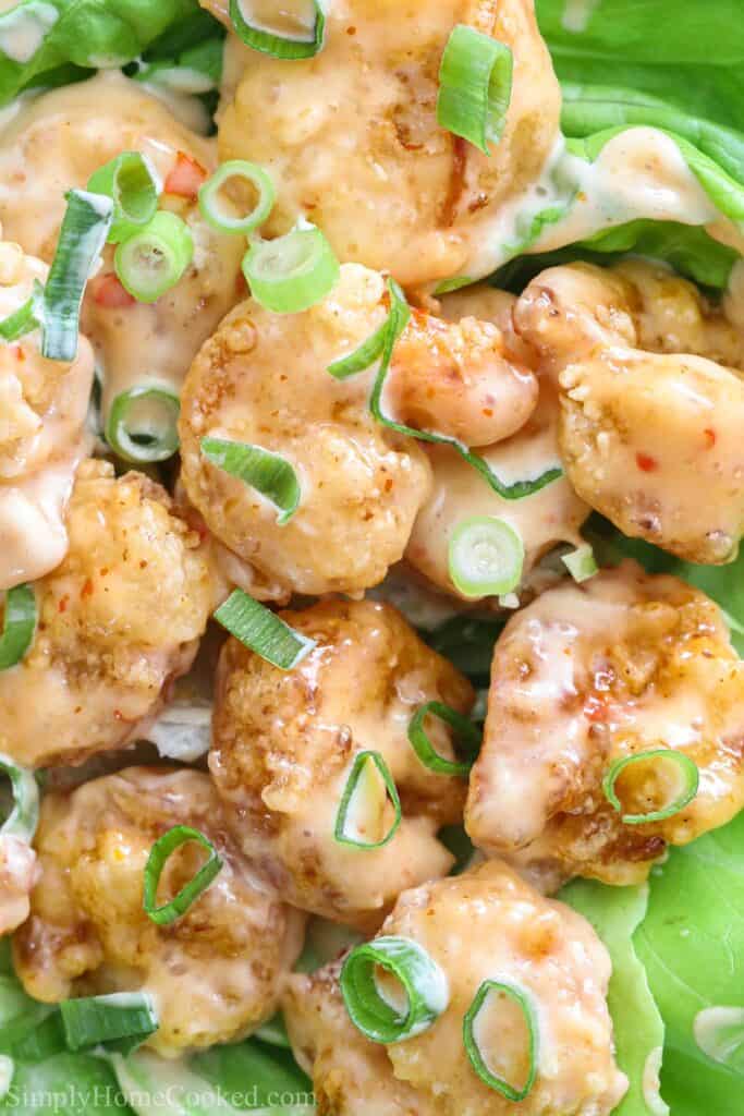 Vertical of Bang Bang Shrimp on a bed of butter lettuce with green onion garnishing the top