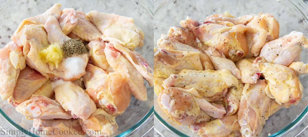 Steps to make Easy BBQ Wings, including marinating the chicken in salt, pepper, and minced garlic.