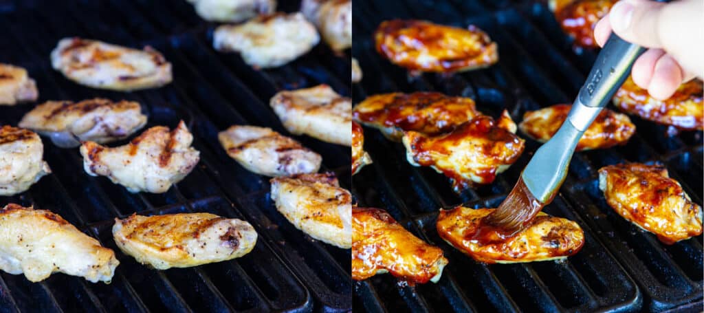 Steps to make Easy BBQ Wings, including grilling the wings then covering them with BBQ sauce.
