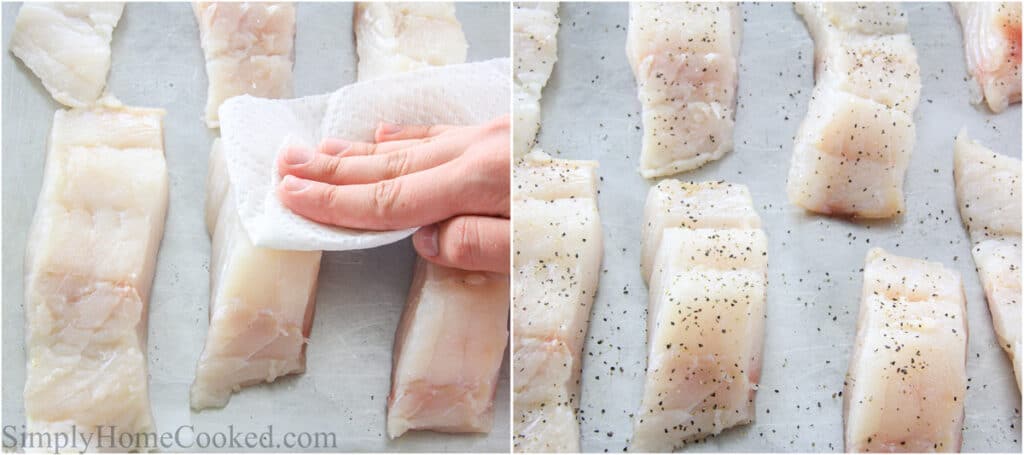 Steps to make Beer Battered Cod, including patting the cod fillets dry and then seasoning them.