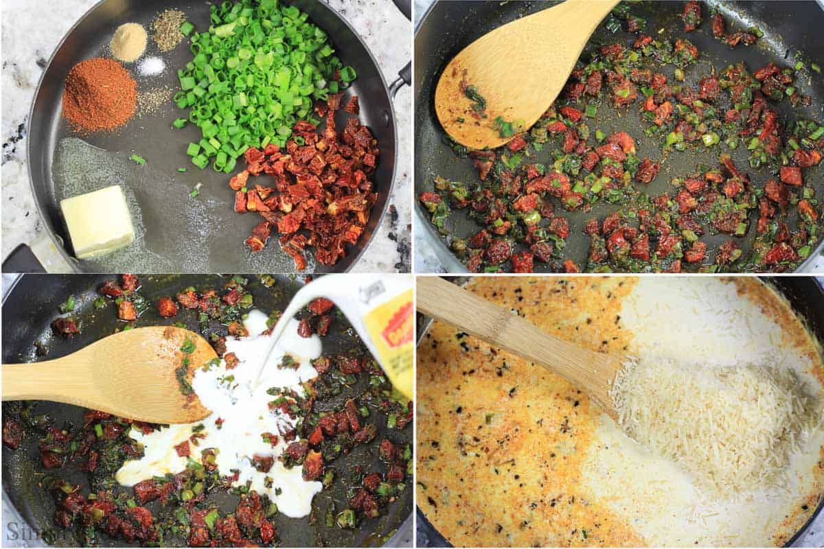 Steps to make Blackened Chicken Alfredo, including making the alfredo sauce by sauteing the tomatoes, onion, and seasonings together before adding the cream and cheese.