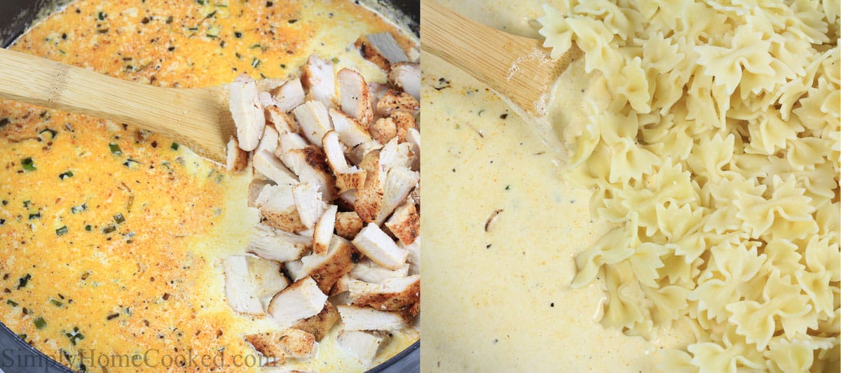 Steps to make Blackened Chicken Alfredo, including mixing the chicken, pasta, and alfredo sauce together.