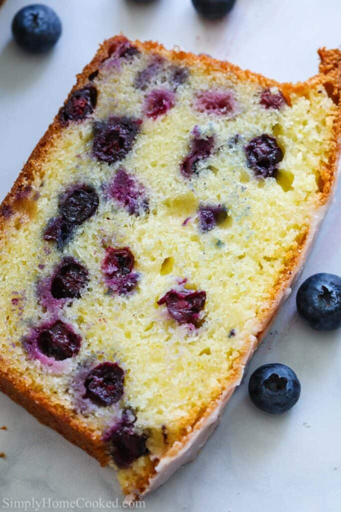 overhead image of a slice blueberry bread