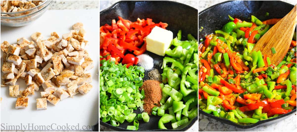 Steps to make Cajun Chicken Pasta, including cooking and dicing the chicken, then cooking the vegetables for the sauce.