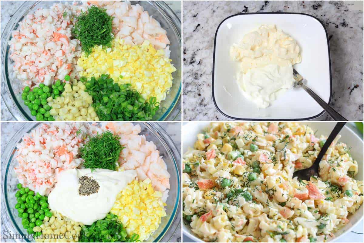 Steps to make Crab Salad, including chopping up the ingredients, adding them together with the dressing and mixing.