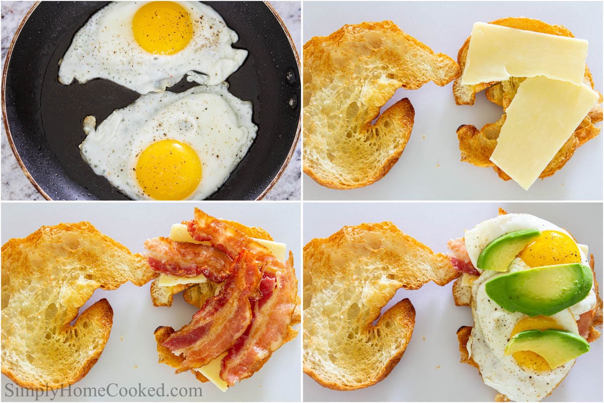 Steps to make a Croissant Breakfast Sandwich, including frying the eggs, and assembling the sandwich.