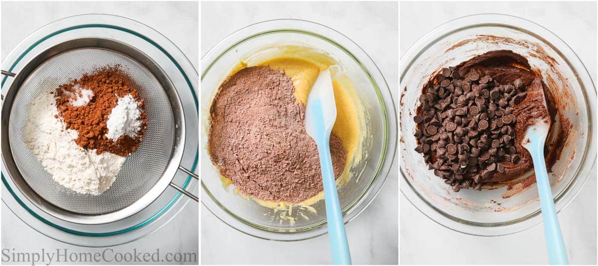 Steps for making Double Chocolate Cookies, including sifting the dry ingredients, adding them to the wet, and then folding in the chocolate chips.