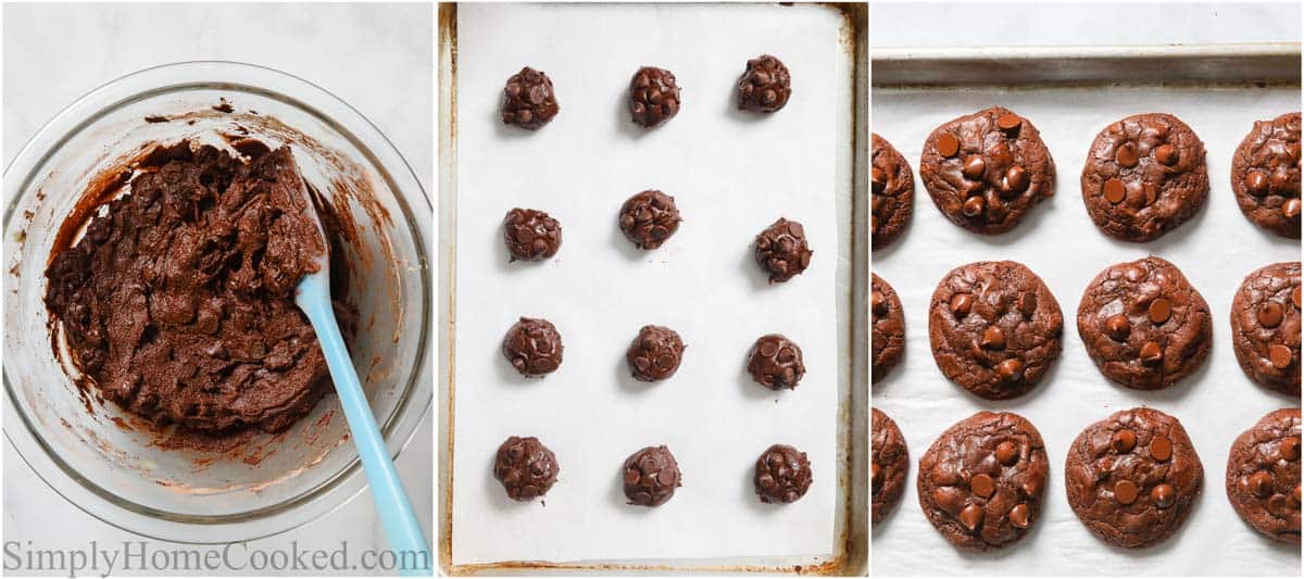 Steps for making Double Chocolate Cookies, including rolling the dough into balls and baking.