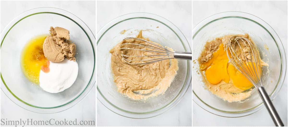 Steps for making Double Chocolate Cookies, including whisking the wet ingredients together.