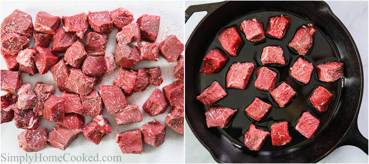 Steps to make Garlic Butter Steak Bites, including seasoning and cooking the steak tips in a cast iron pan.