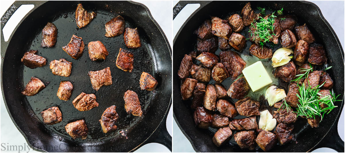 Steps to make Garlic Butter Steak Bites, including basting the steak in butter and herbs. 