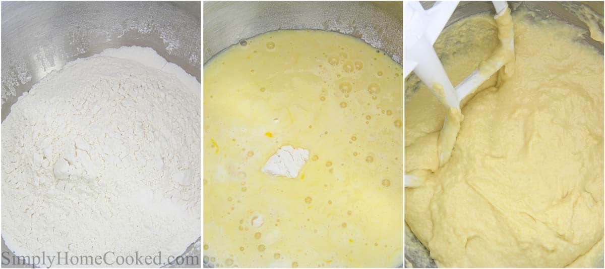 Steps to make Apple Fritters, including mixing the dough in a stand mixer.