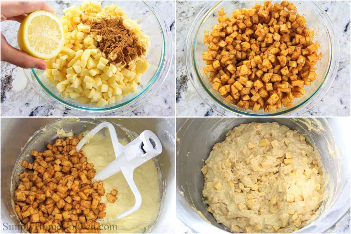 Steps to make Apple Fritters, including mixing the diced apple with lemon juice and cinnamon, then mixing it in with the dough.
