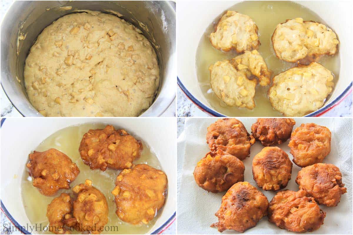 Steps to make Apple Fritters, including letting the dough rise, then frying the fritters. 
