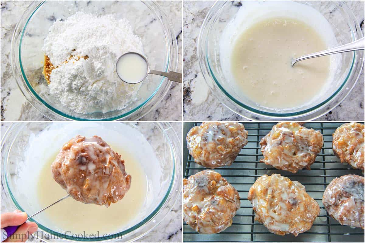 Steps to make Apple Fritters, including making the glaze and dipping the fritters in it, then letting it set.