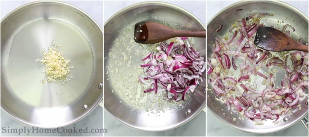Steps to make Pasta Primavera, including sauteing the onion and garlic.