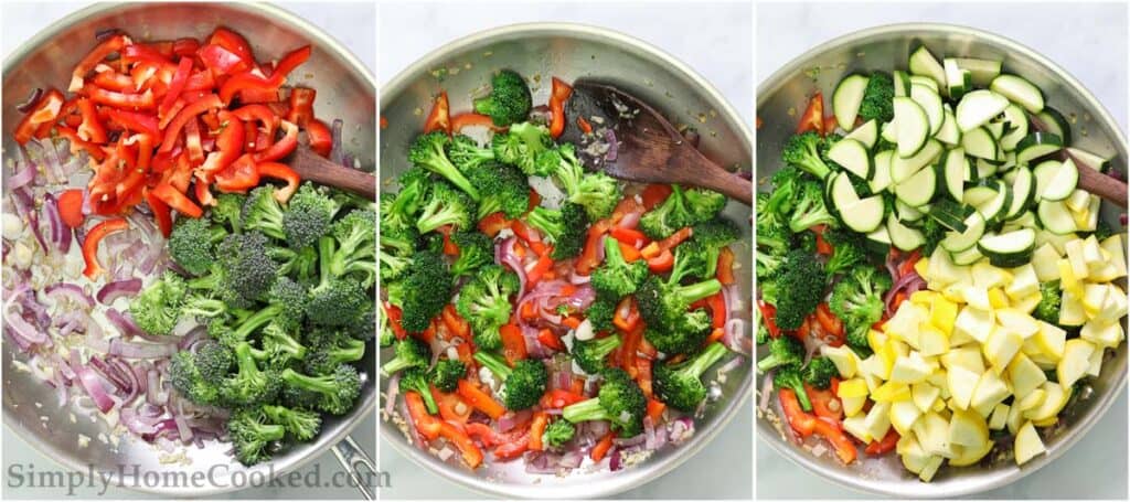 Steps to make Pasta Primavera, including sauteing the vegetables until tender. 