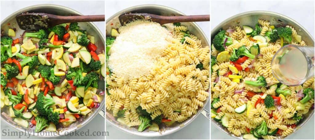 Steps to make Pasta Primavera, including adding in the pasta, pasta water, and Parmesan cheese and stirring everything together.