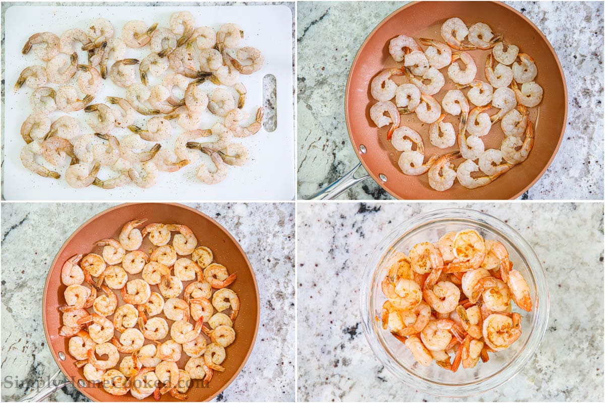 Steps to make Shrimp Alfredo Pasta, including cooking the shrimp.