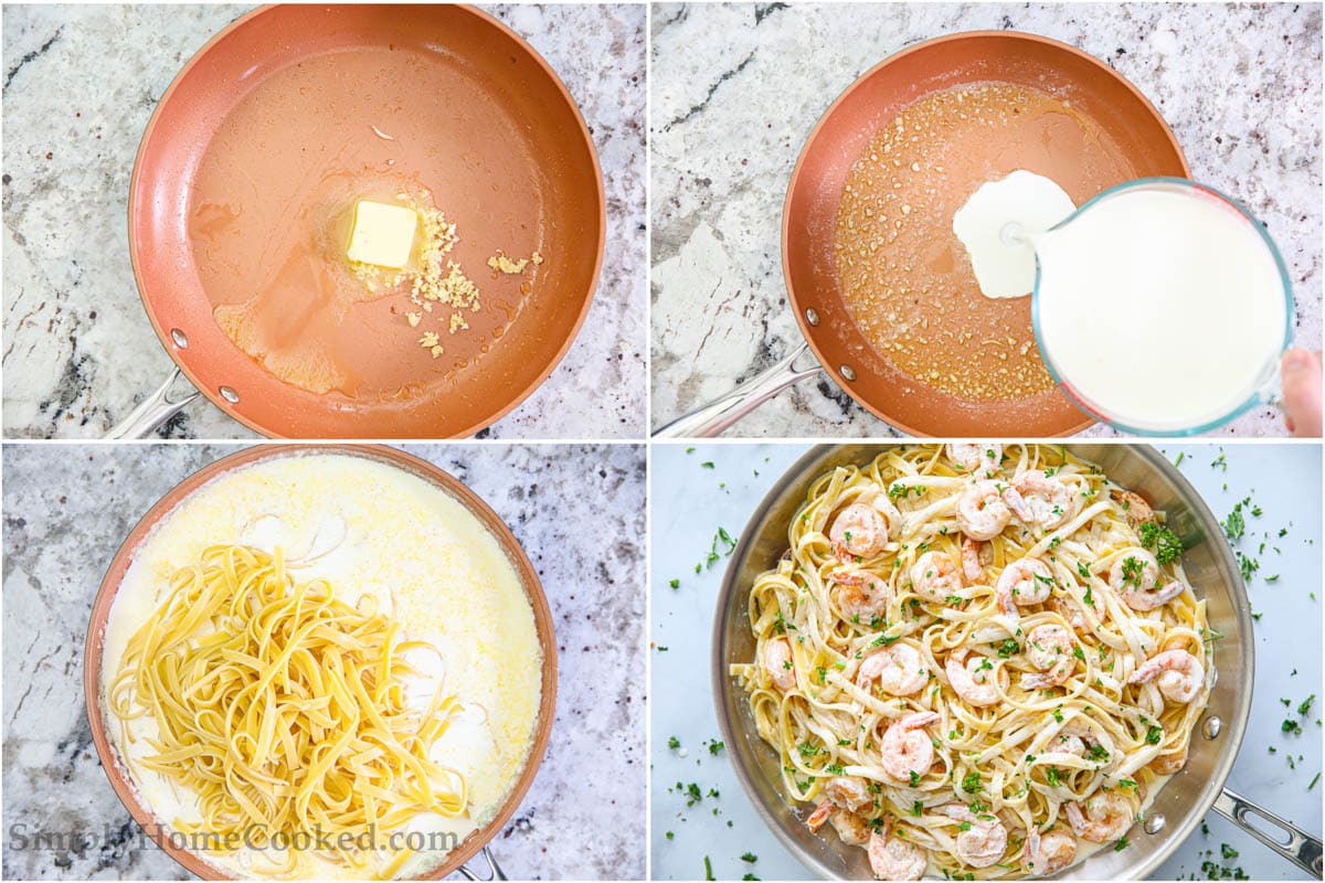 Steps to make Shrimp Alfredo Pasta, including making the Alfredo sauce and then adding the shrimp and pasta, and finally garnishing with chopped parsley.