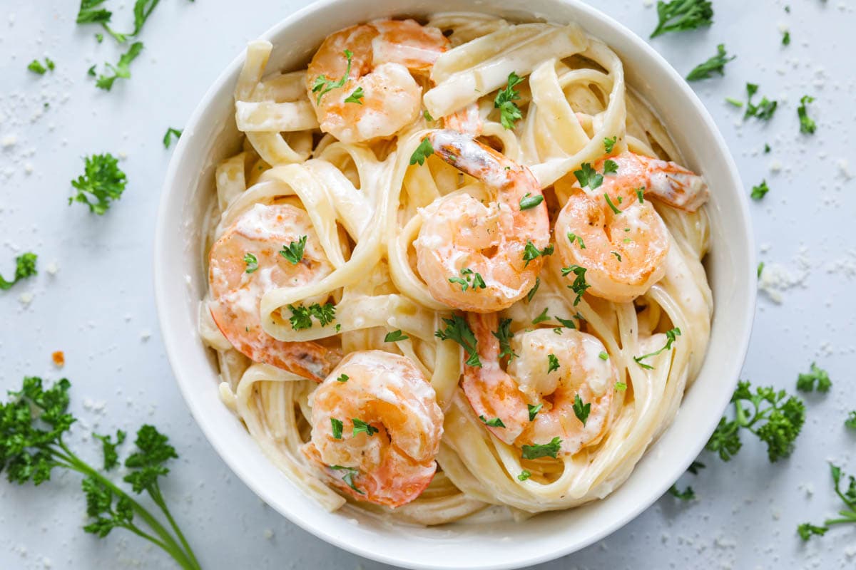 Overhead image of Shrimp Alfredo Pasta in a bowl