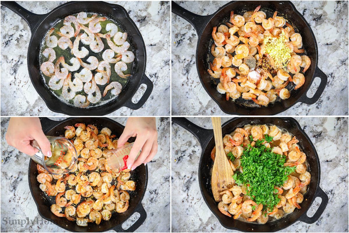 How to make Shrimp Scampi Pasta, including cooking the shrimp, making the sauce, and garnishing with parsley.