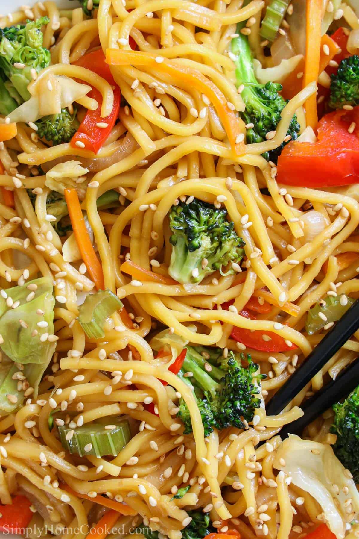 Close up of Chow Mein with sesame seeds sprinkled on top and chopsticks 