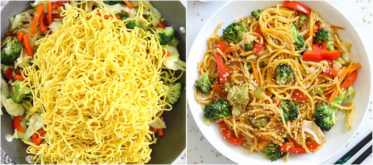 Steps to make Chow Mein, including adding the noodles to the vegetables and sauce.