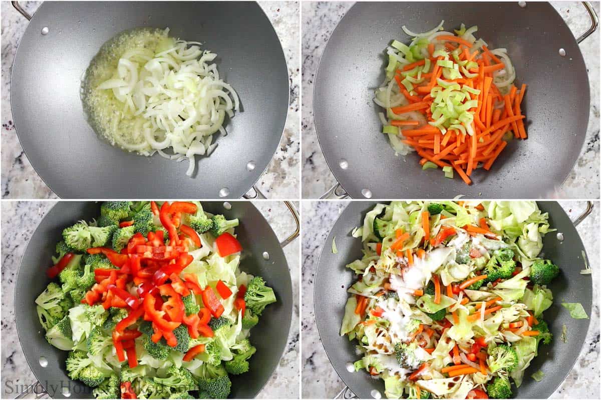 Steps to make Chow Mein, including sauteing the vegetables in a wok. 