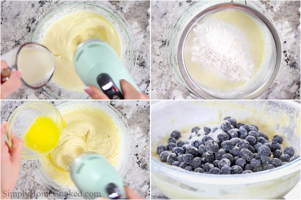 Steps for making Blueberry Muffins, including incorporating the dry ingredients to the batter, then adding butter and blueberries.