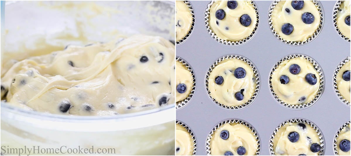 Steps for making Blueberry Muffins, including folding in the blueberries and then scooping them into a muffin tin.