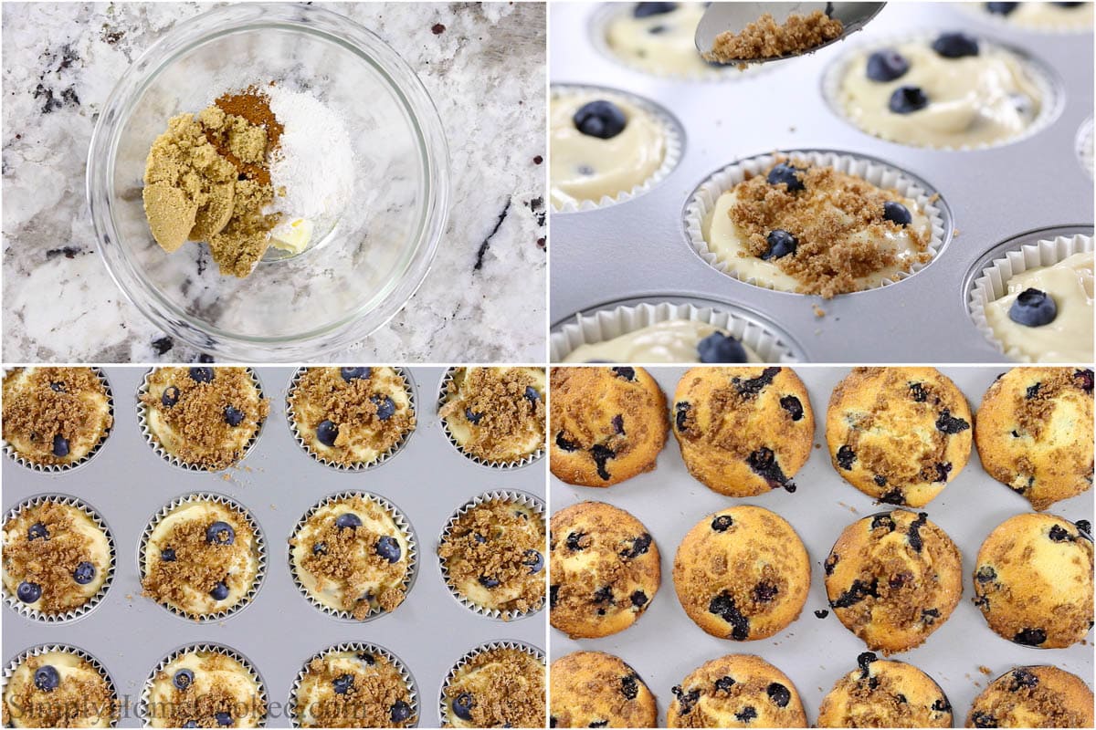 Steps for making Blueberry Muffins, including making the streusel topping and placing it on top of the muffins before baking them.